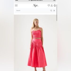 AJE Pepper Ruched Crop Bodice and Curve Midi Skirt in Hot Pink Size 6 (U…